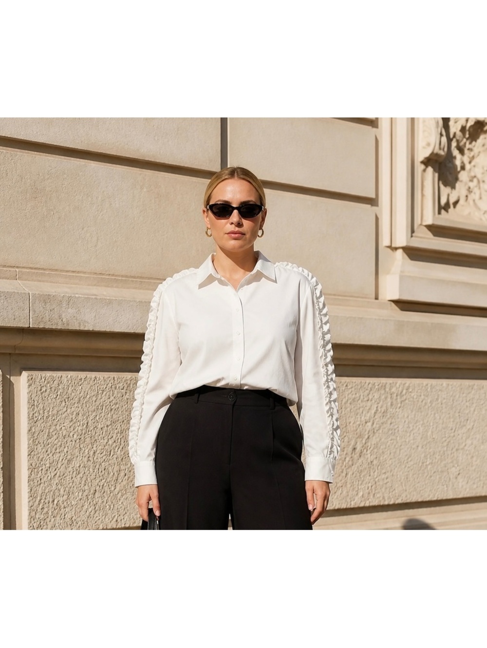 WoWo White Long Sleeve Button-Up Shirt with Zipper and Ruffle Detail Size 1XL